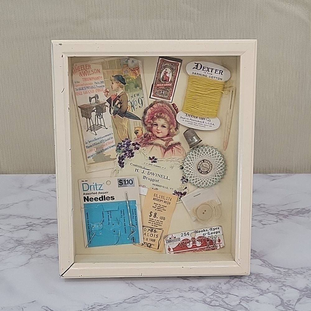 Vintage Diorama Shadowbox Sewing Notions Framed Rustic Decor